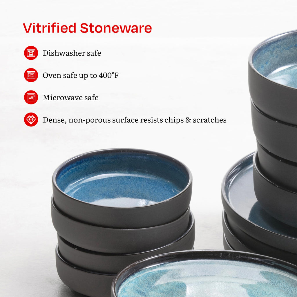 Eater x Celestre Stoneware, 16 Piece Dinnerware Set (Service for 4), Aurora Blue