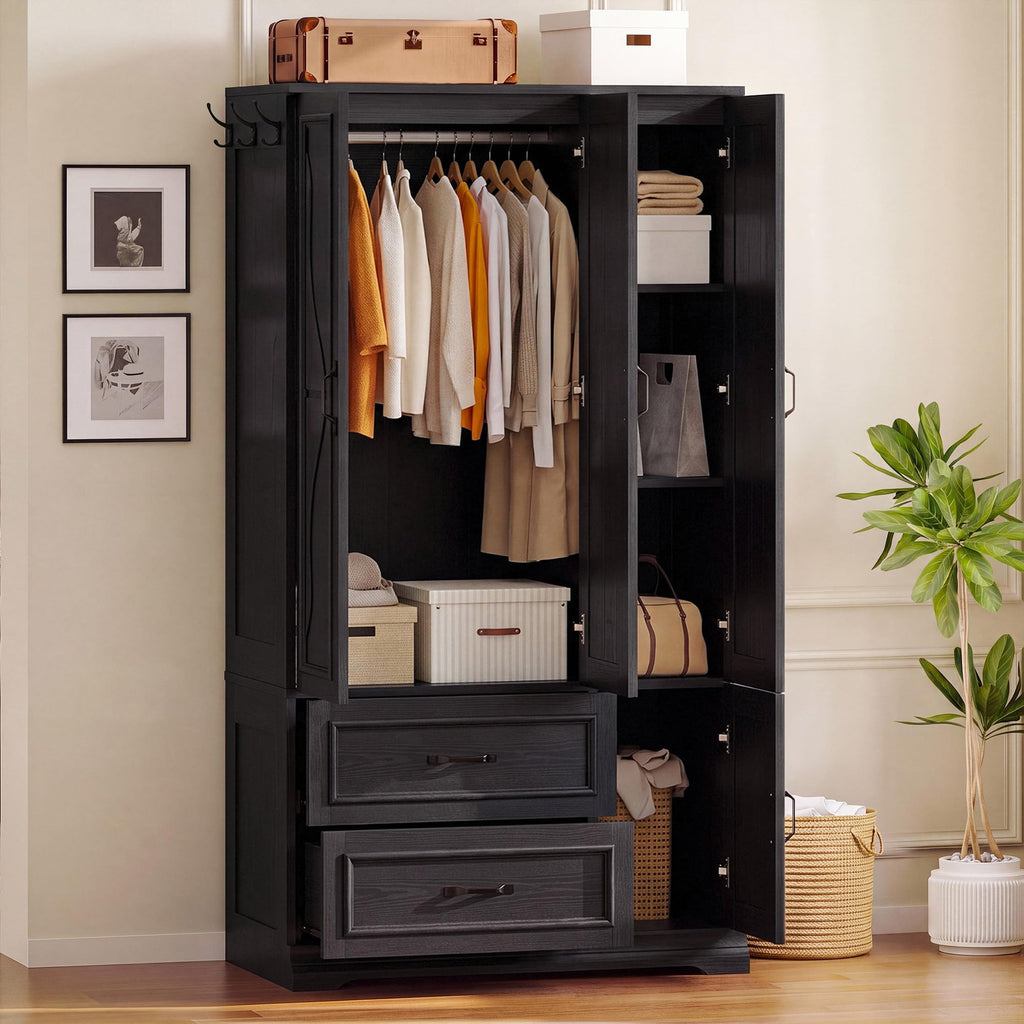Armoire Wardrobe Closet with 4 Doors and Drawers, Black