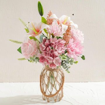 Fake Flowers with Vase -Hydrangea & Lily Artificial Floral Arrangement