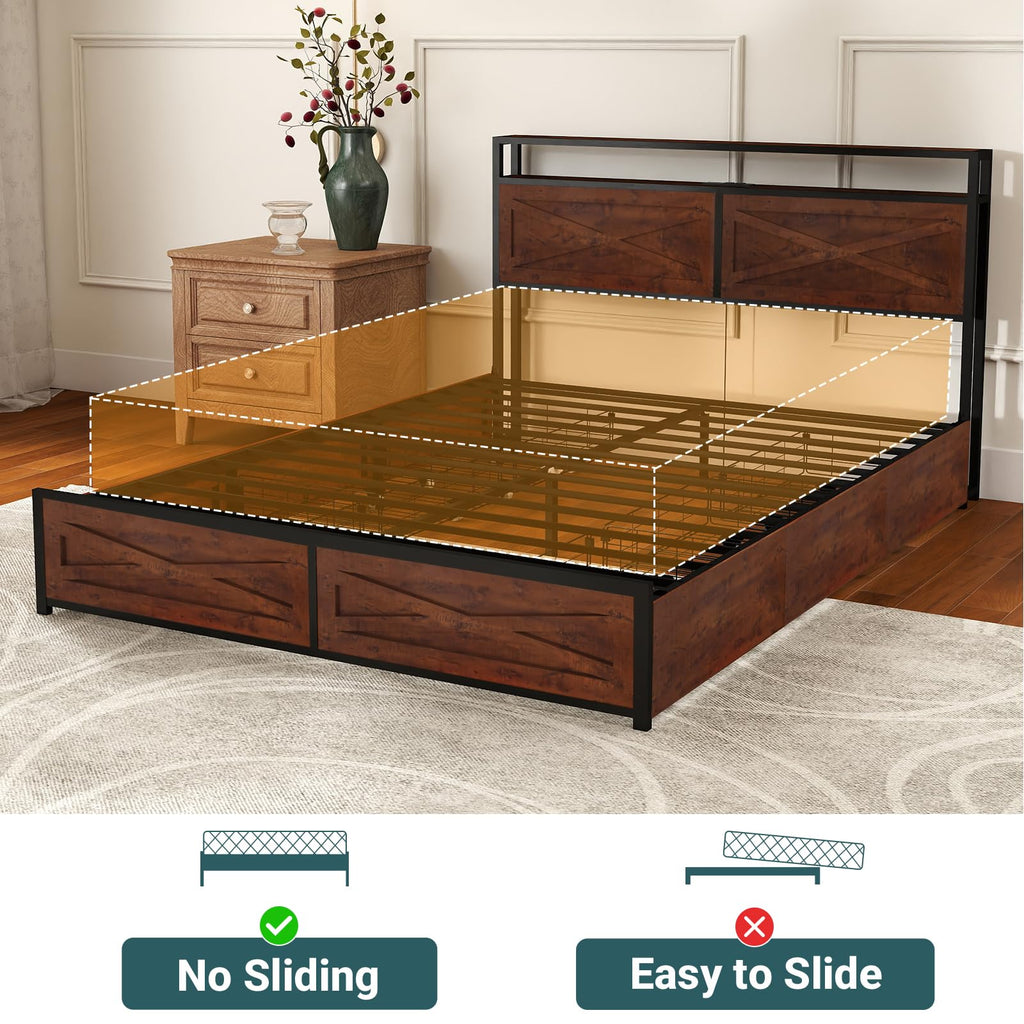 LED Bed Frame with 6 Storage Drawers, Farmhouse Headboard w/Charging Ports Station - Size Platform Bed Frame