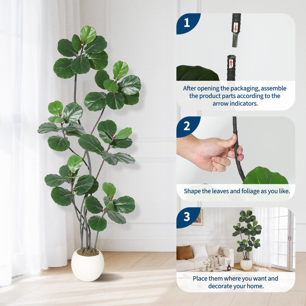 7FT Artificial Ficus Lyrata Tree, Bendable Boughs, Modern White Pot Included, Perfect Living Room Decor Indoor, Tall