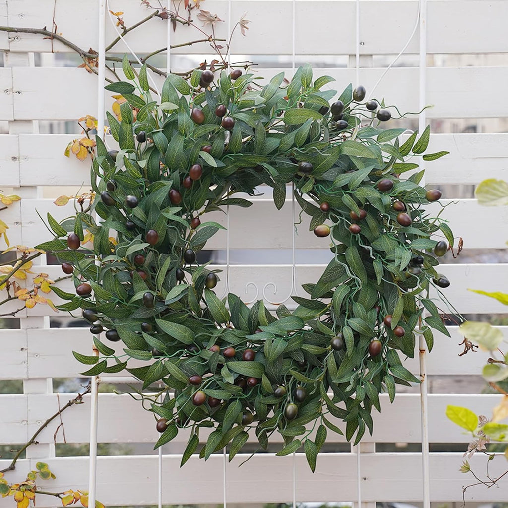 Olive Wreath 26 Inch Wreaths for Front Door with Purely Handmade Realistic Dense Olive Leaf Olive Berry, Elegant Home