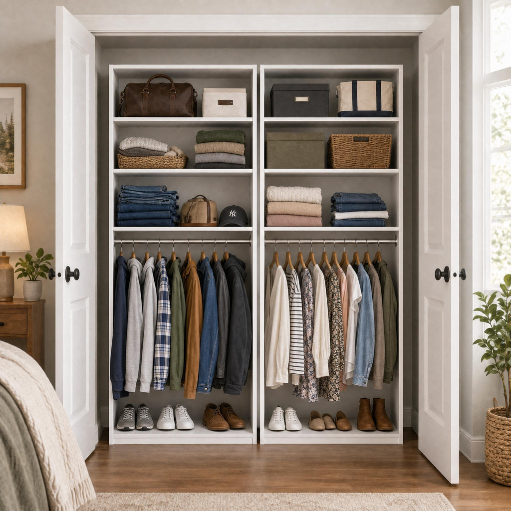 Closet Organizer System with Rod & 3 Shelves, Small Closet Wardrobe