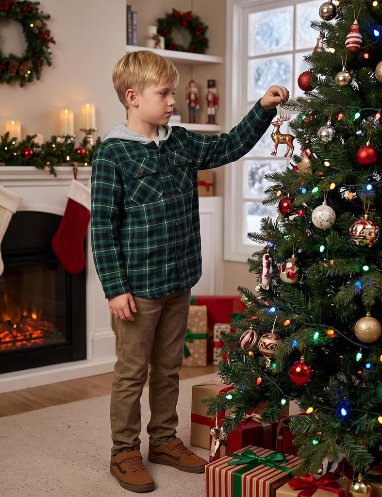 Boys Flannel Hoodie Shirts Long Sleeve Plaid Button Down Shirt