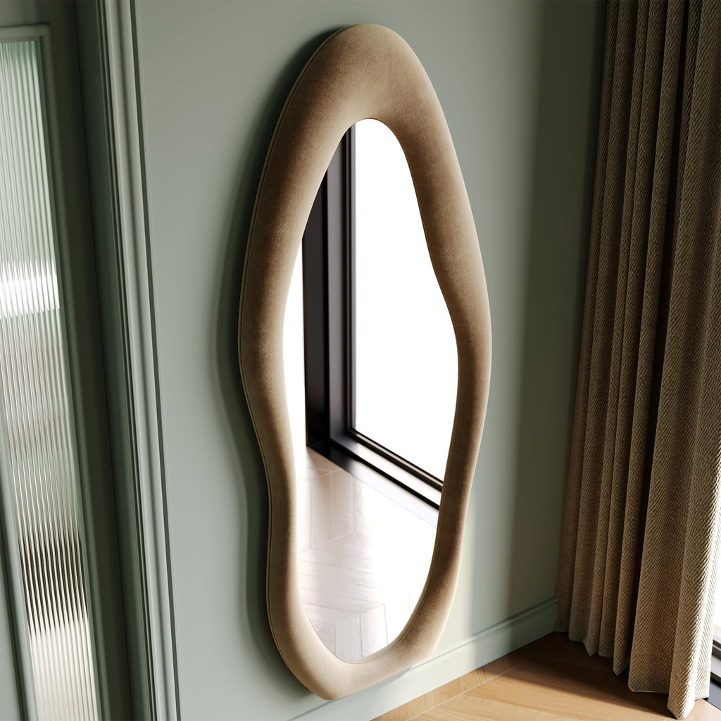 Full Length Mirror, 63" x 24" Wall Mirror, Flannel Wrapped Wooden Frame Floor Mirror, Irregular Wavy Mirror Hanging