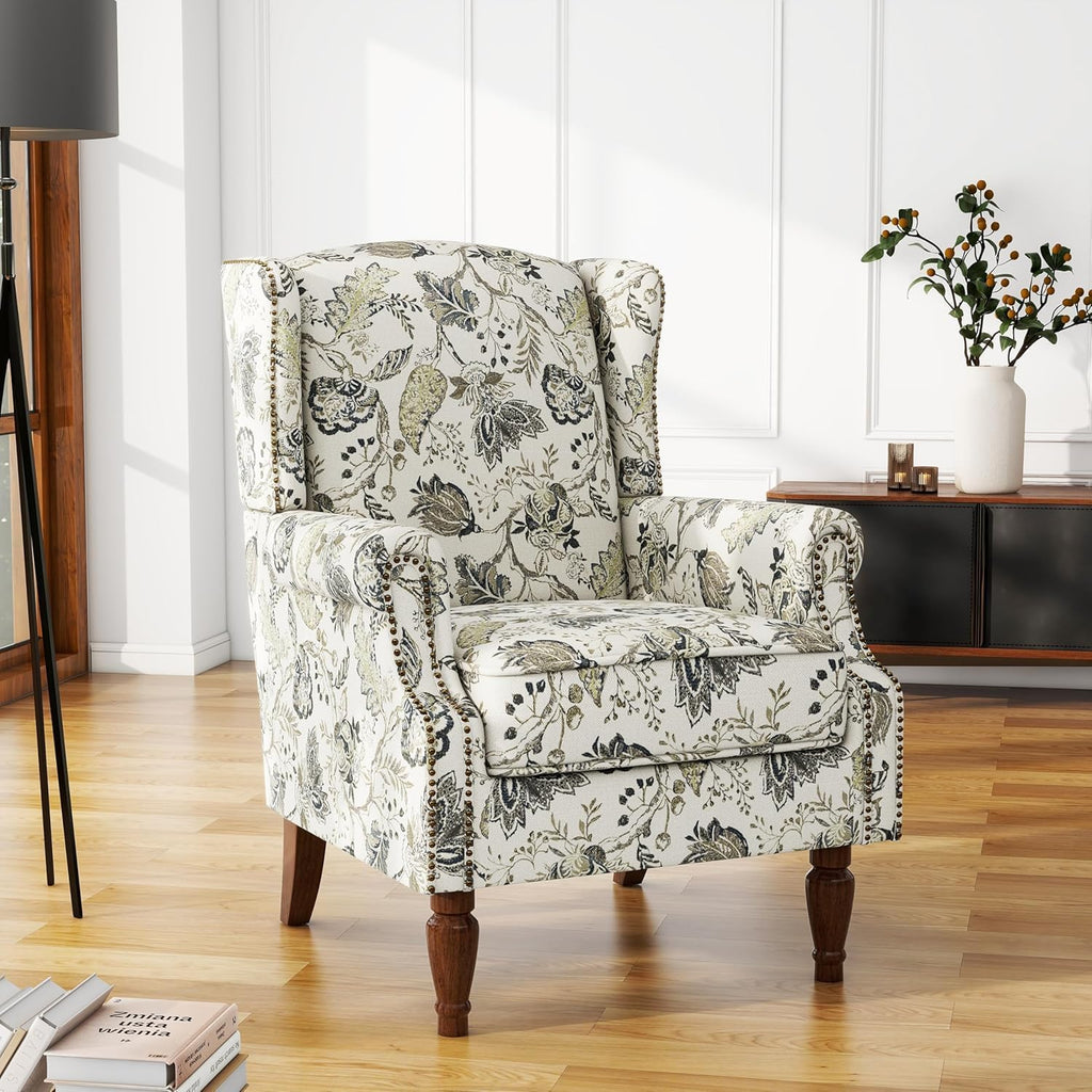 Floral High Back Accent Chairs Set of 2, Wingback Armchair in Fabric | Printed Upholstered Reading Seat with