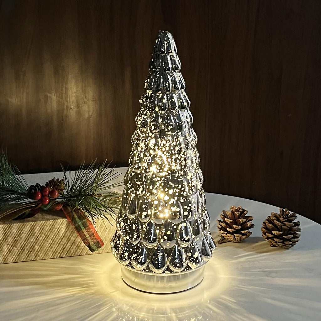 Silver Tabletop Christmas Tree 3pcs, Small Mercury Glass Christmas Trees with Light, Battery Operated Mini Xmas Tree