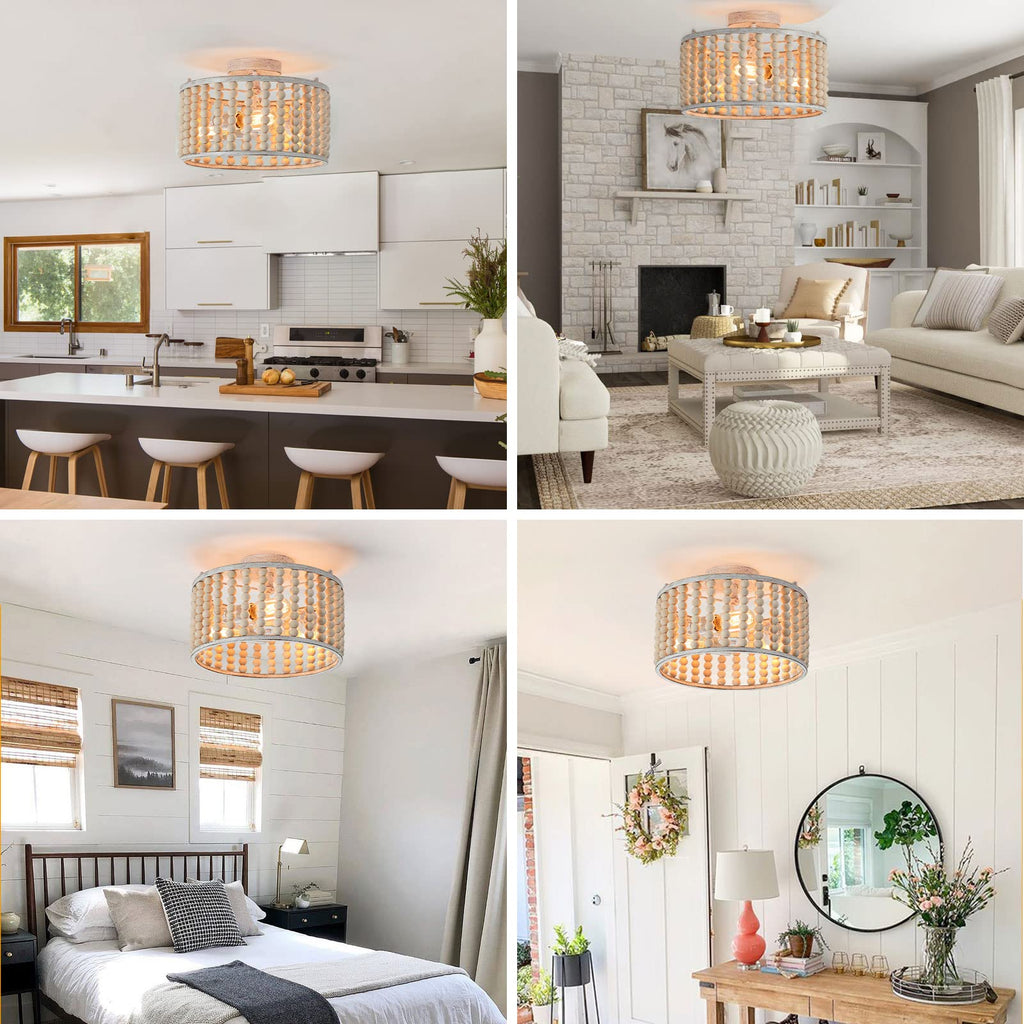 Wood Beaded Boho Chandelier Light Fixture, Semi Flush Mount Ceiling Light 3-Light Rustic Nursery Close to Ceiling