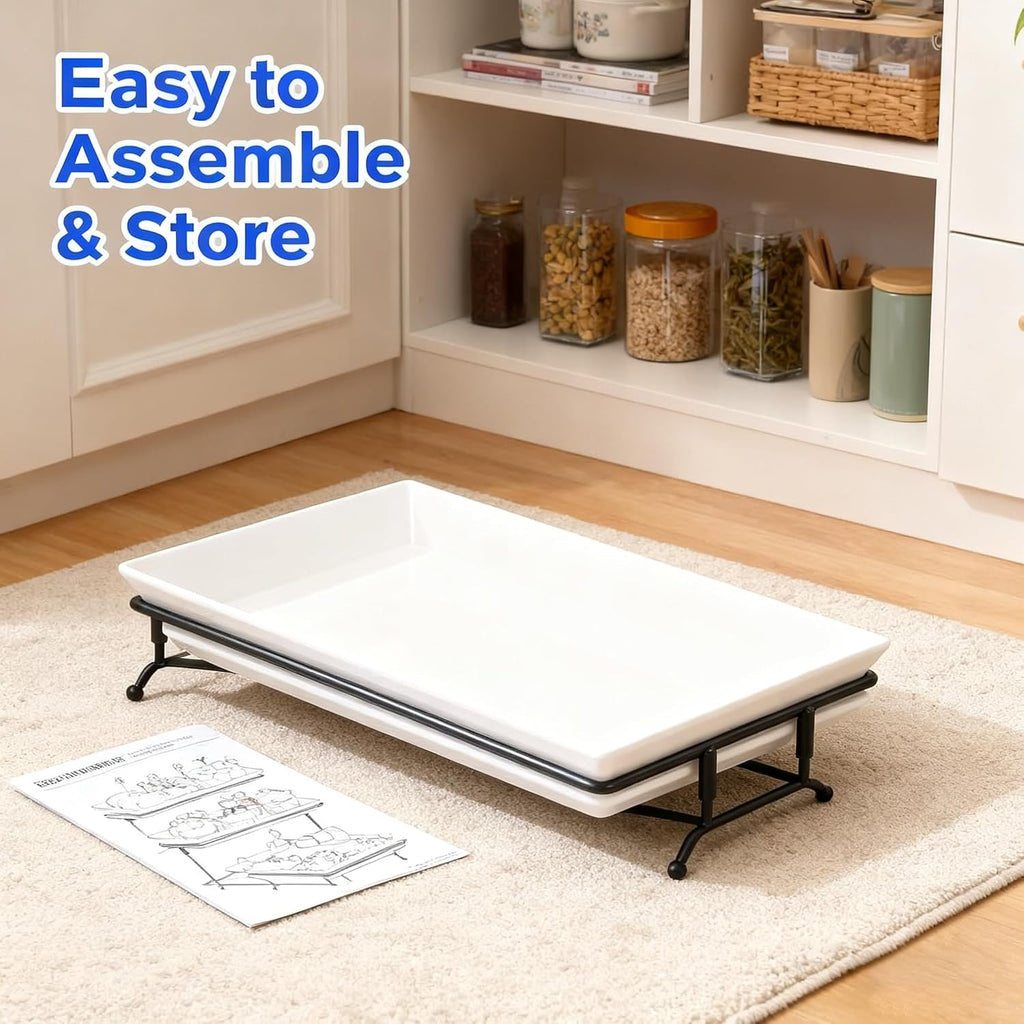 3 Tier Serving Tray, 12" White Plastic Tiered Food Serving Platters, Reusable Tray Stand Black Collapsible Metal