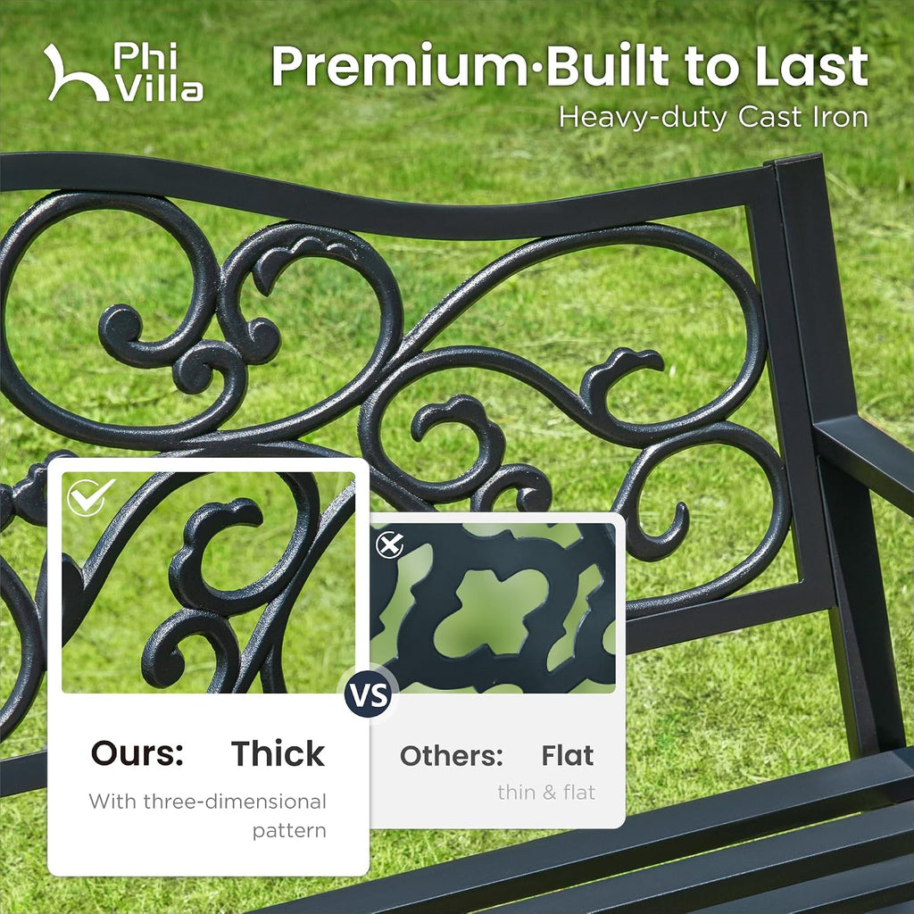 50 Inches Cast Iron Steel Frame Outdoor Garden Bench, Black | E-coating Floral Design Backrest, Slatted Seat