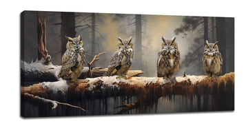 Owl Wall Art Four Owls On The Branch Pictures Large Wall Decor Misty Forest Animals Canvas Print Painting Home Bird