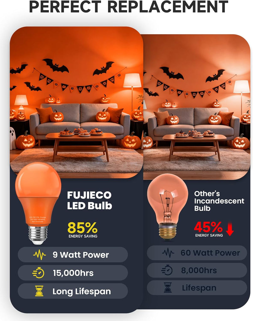 A19 Orange Colored LED Light Bulbs: 9W E26 Equivalent 60W
