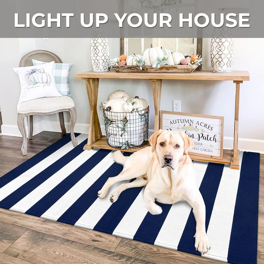 27.5x43 Striped Outdoor Door Mat, Washable Porch Rug, Navy/White