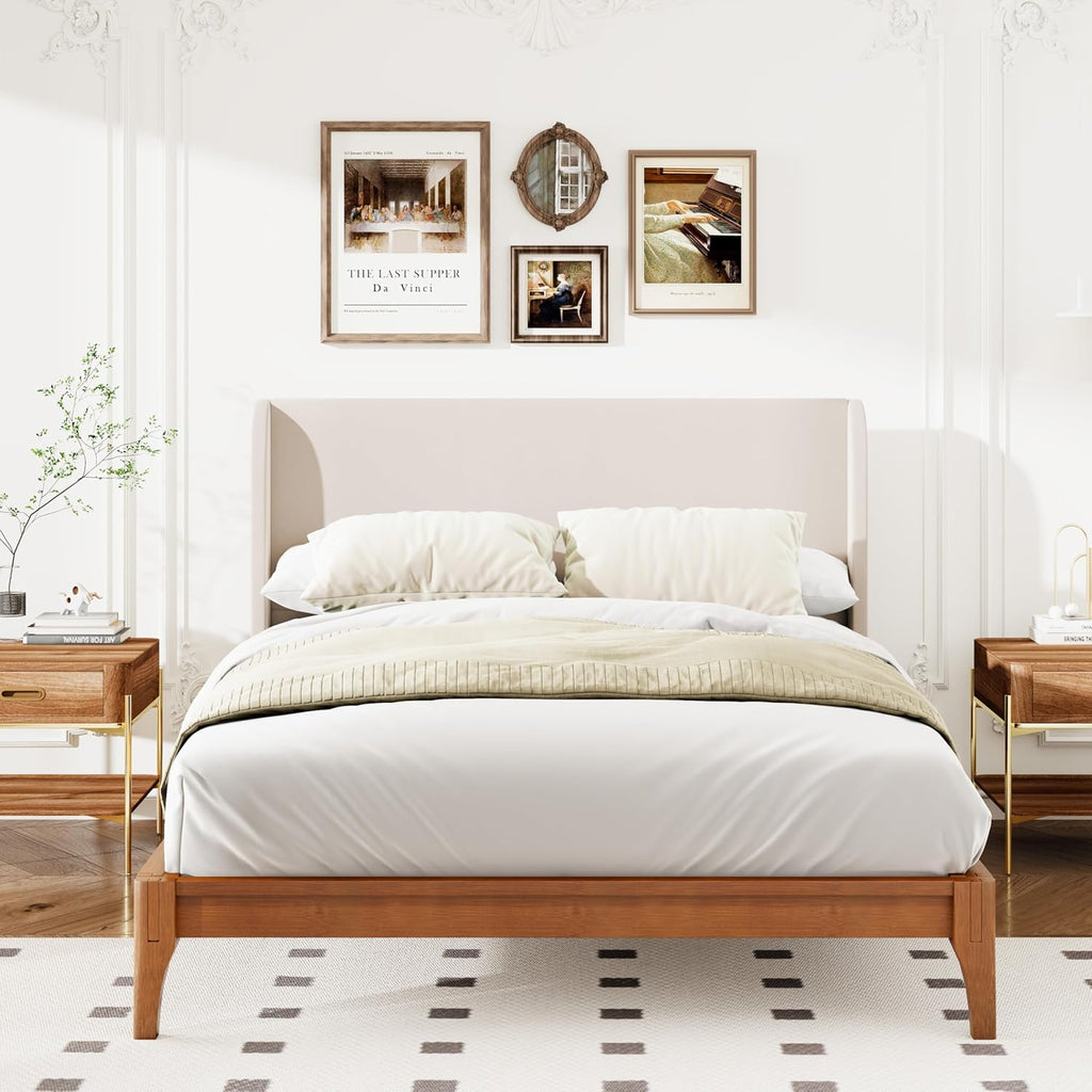 King Wingback High Headboard, Upholstered Linen Fabric Headboard, Bamboo Wood, Easy Assembly, 48''H, Tan