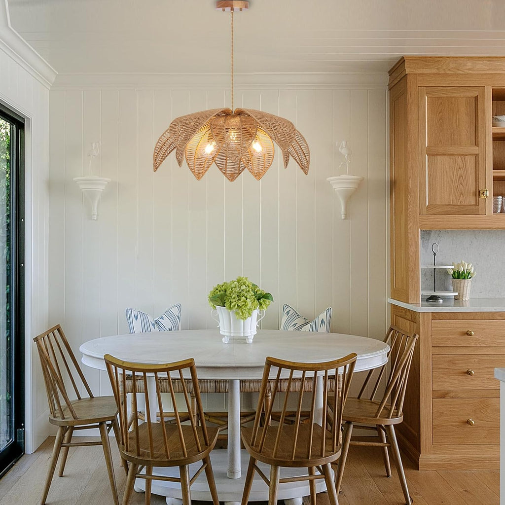 Farmhouse Chandeliers for Dining Room, 3-Light Rattan Boho Chandelier Light Fixture Hand Woven Wicker Pendant Light