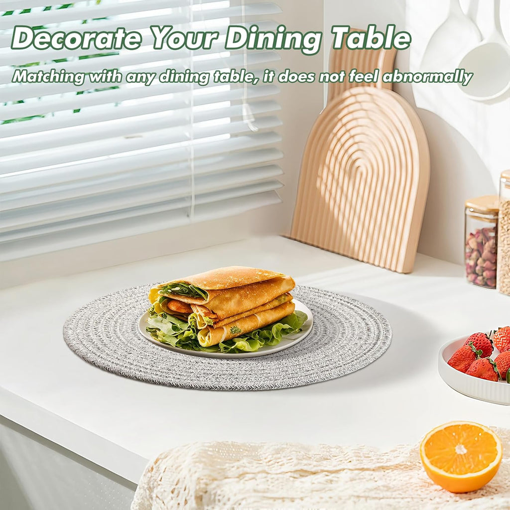 Round Woven Placemats 13.5 Inches Heat Resistant Placemats Farmhouse Cotton Rope Braided Place Mats for Dining - Set of 8