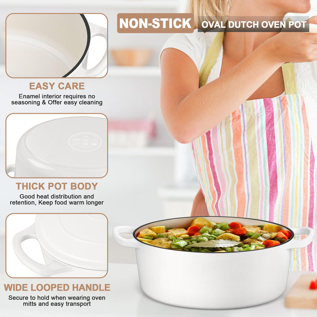 7QT Oval Dutch Oven Pot with Lid, White Enameled Cast Iron Dutch Oven