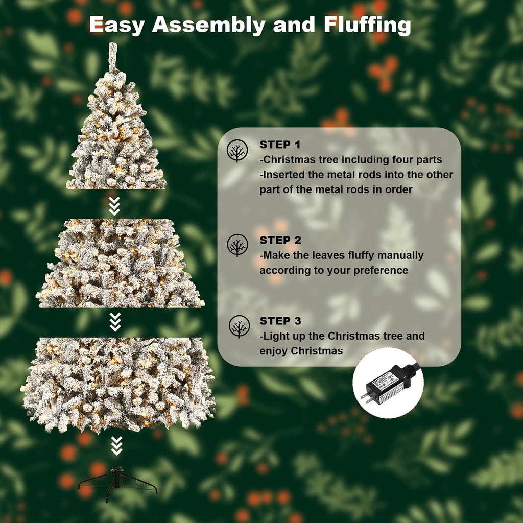 Snow Flocked Christmas Tree, Prelit Artificial Xmas Tree with 1500 Branch Tips and 550 Warm White Lights, Metal