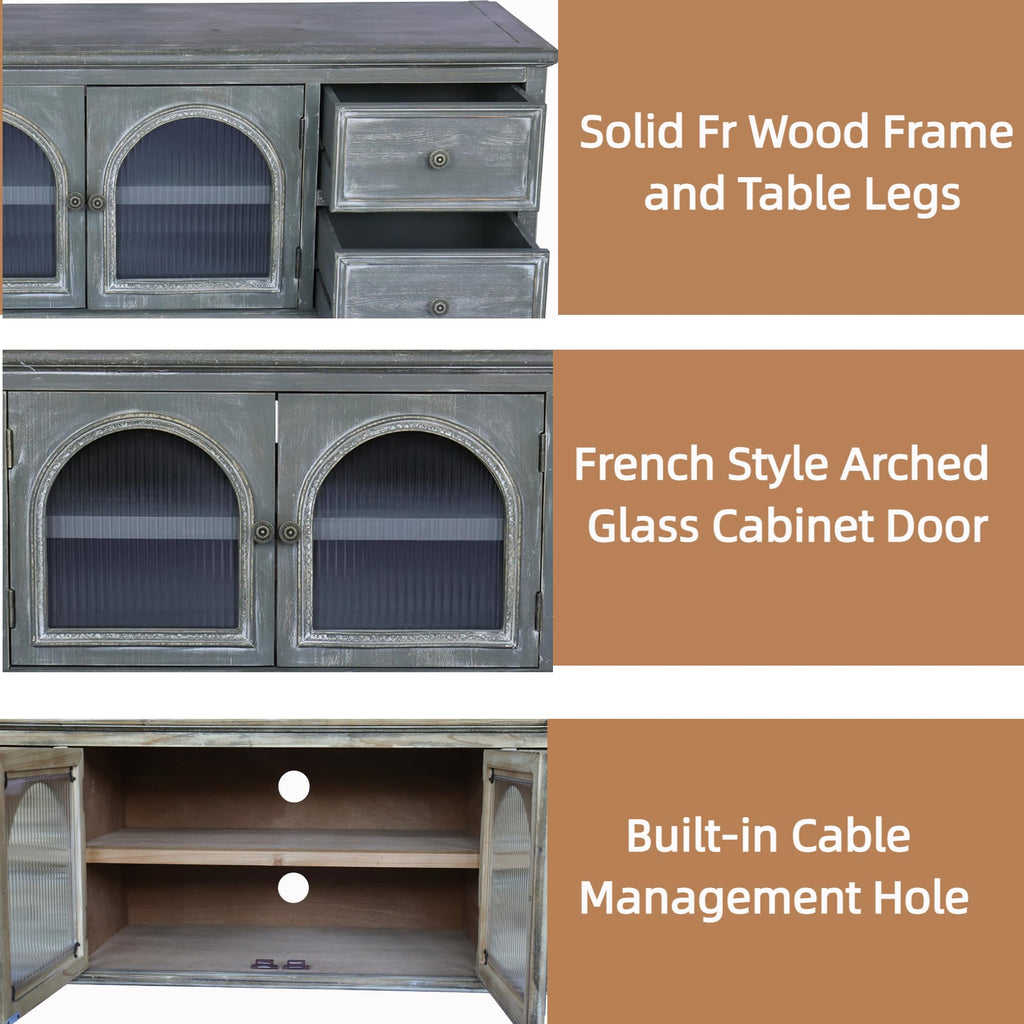 60" Solid Wood TV Stand, Media Console with Glass Doors & Drawers