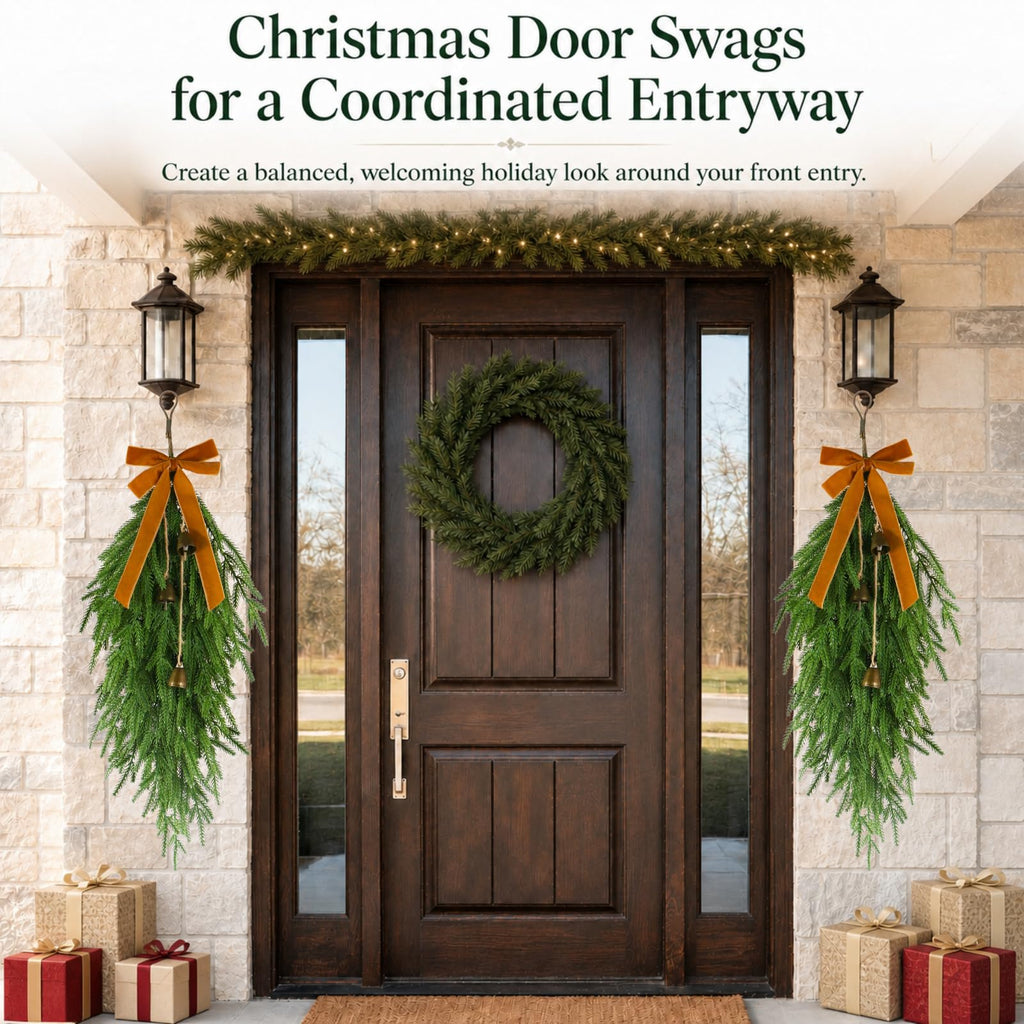 2 Pcs 27" Christmas Teardrop Swag/Artificial Norfolk Pine Teardrop Wreath .Yellow Velvet Bow & 6 Vintage Brass Bells