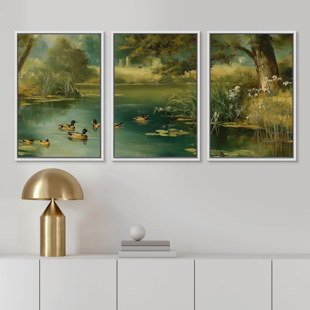Framed Canvas Print Wall Art Set Serene Duck Pond Nature Landscape with Water Lilies Illustrations Fine Art