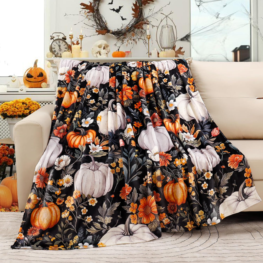 Fall Pumpkin Blanket Soft Autumn Harvest Throw Blankets Vintage Floral Throw Watercolor Flannel Fleece Bed Cover Warm
