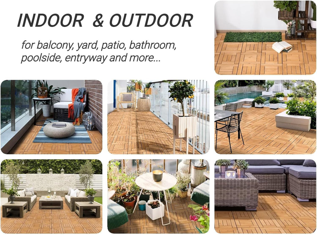 27PCS Natural Wood Deck Tiles Interlocking Patio Deck Tiles Solid Wood and Plastic Indoor&Outdoor 12 x 12in