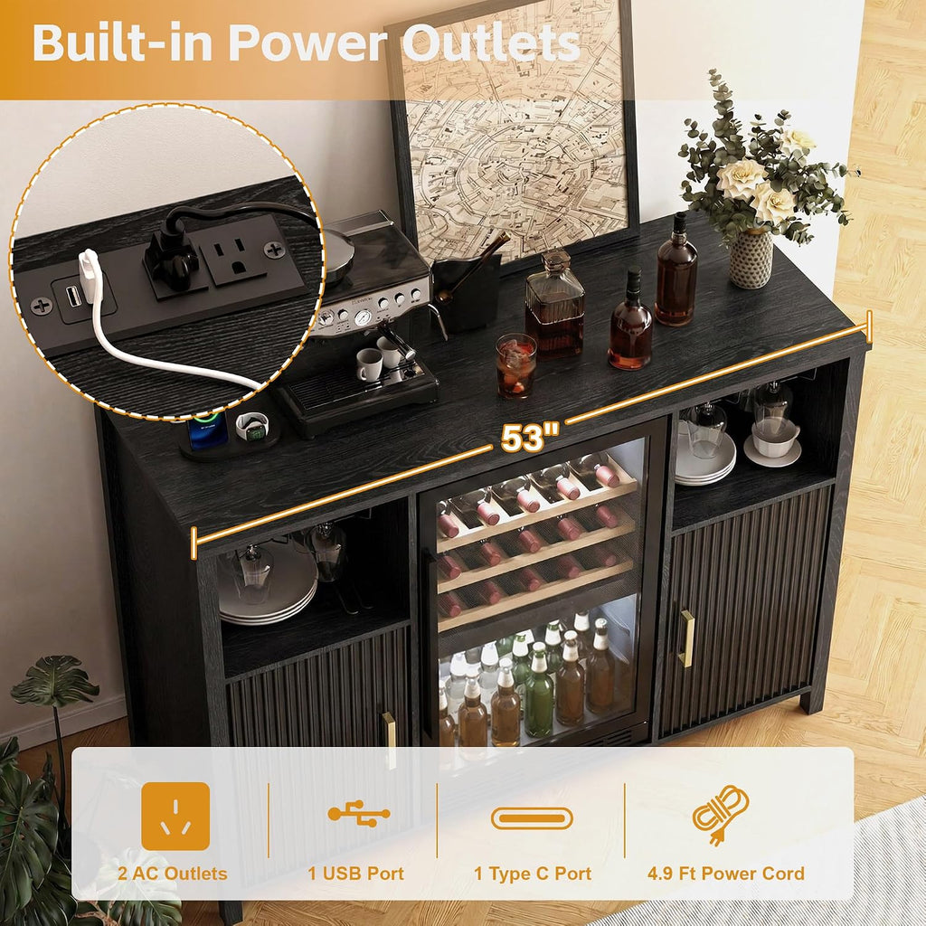 53" Fluted Coffee Bar Cabinet with Power Outlet, Mini Fridge Space and Wine Glass Racks, Black