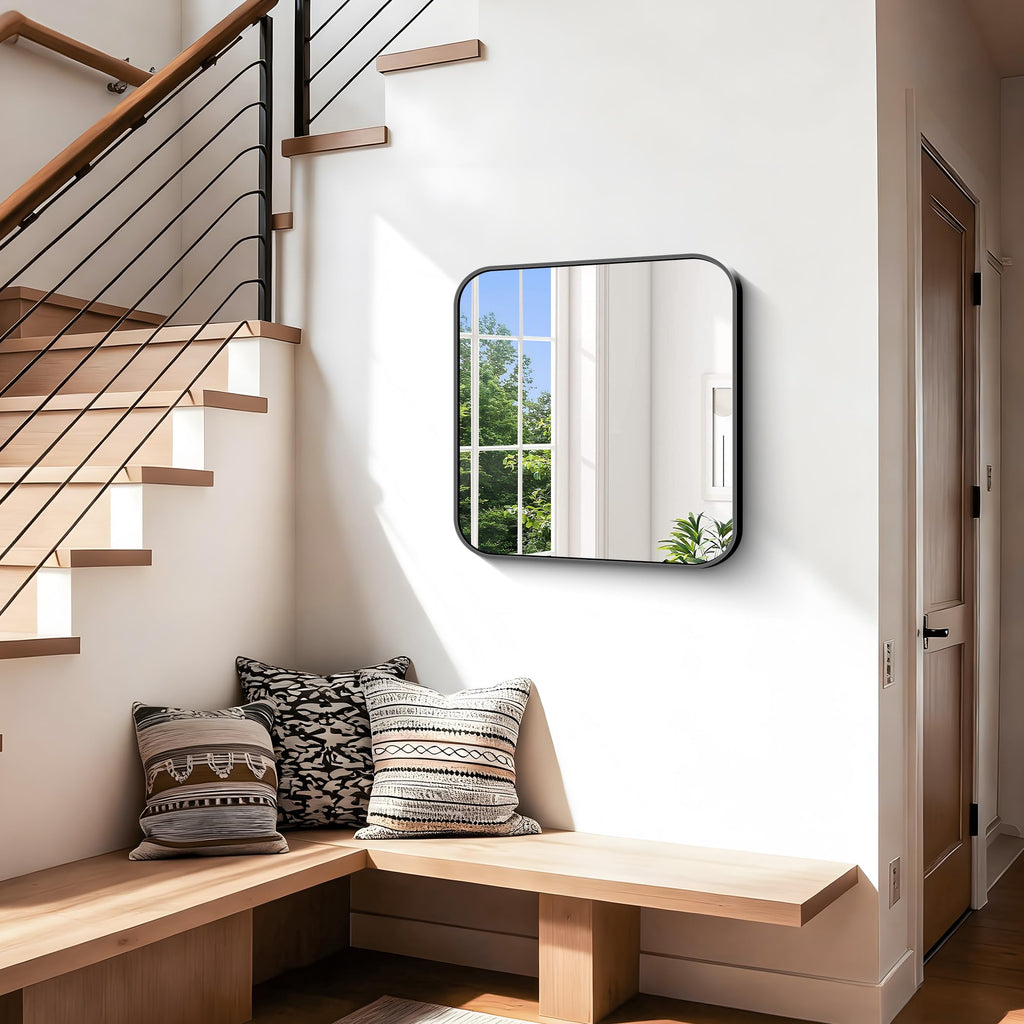 Black Bathroom Mirror, 18 x 18 inch Square Mirrors for Wall, Metal Frame Rounded Corner Vanity Mirror for Over Sinks