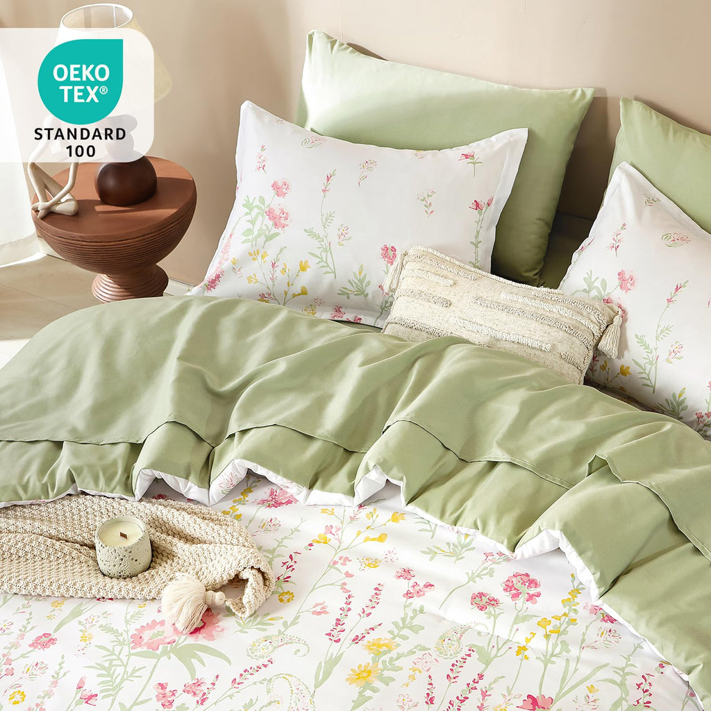7 Piece Pink Green Floral Comforter Set, Cute Botanical Comforters Lightweight Coquette Bedding Set Flower