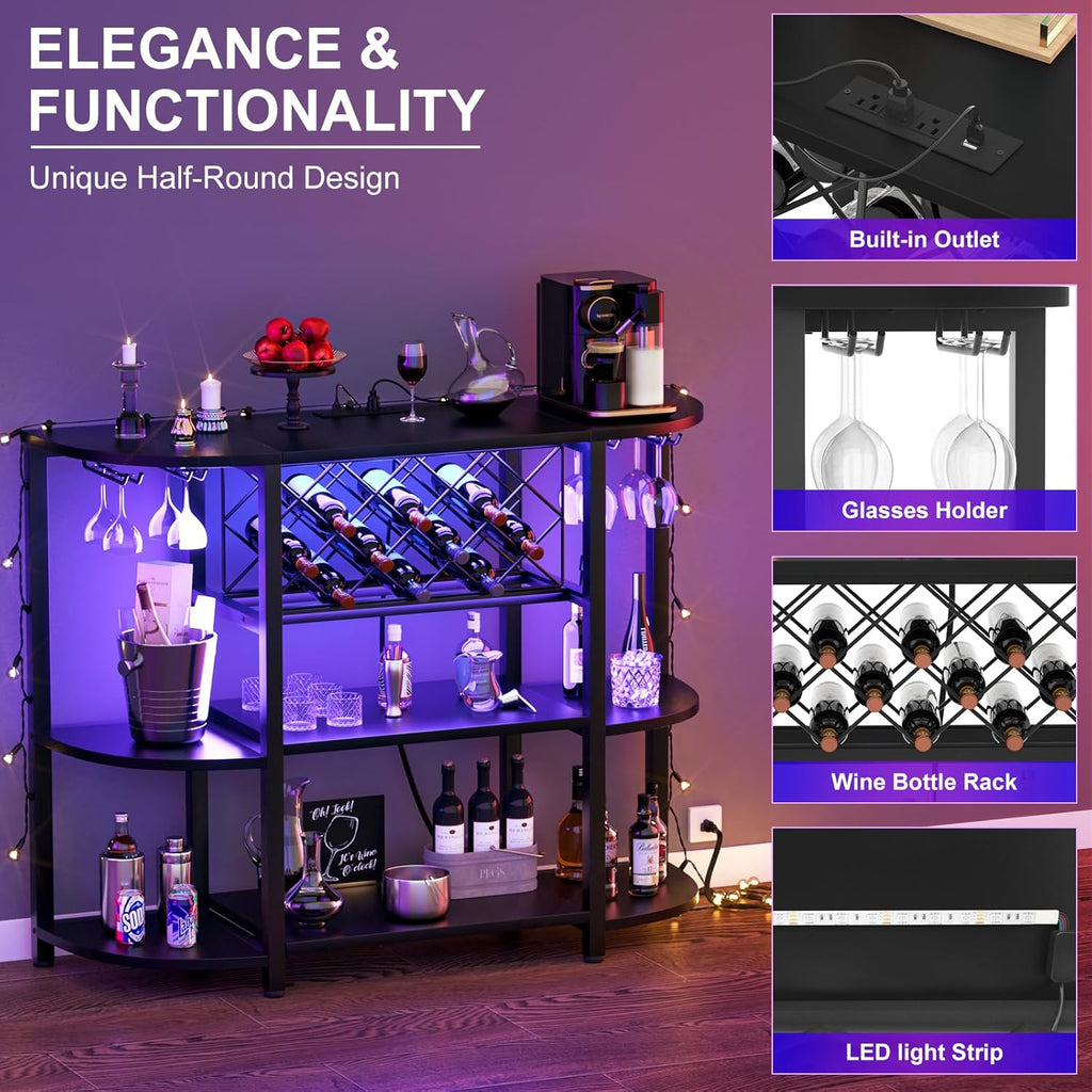 4-Tier Metal Coffee Bar Cabinet with Outlet and LED Light | Freestanding Floor Bar Table, Liquor with Glass Holder