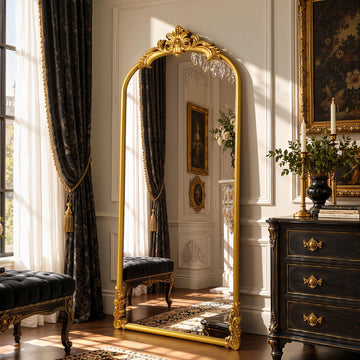 Vintage Arched Floor Mirror 28"x 69" with Stand Matte Gold