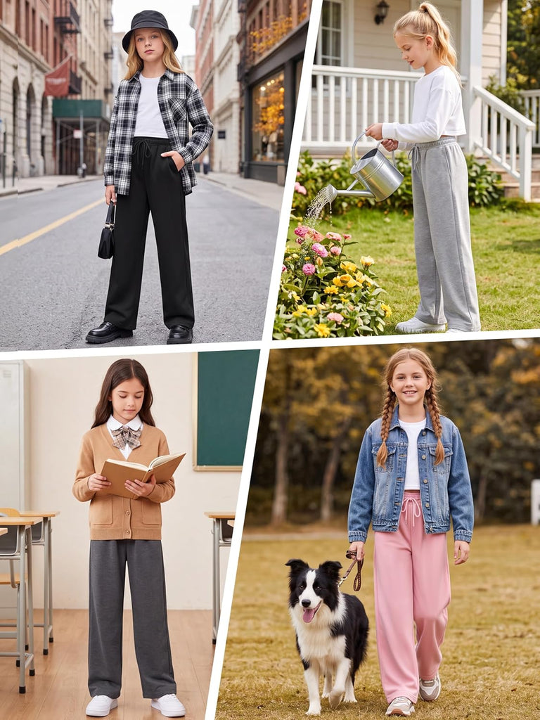 4 Pack Girls Wide Leg Sweatpants Drawstring Baggy Athletic Joggers Teen Kids Casual Pants with Pockets