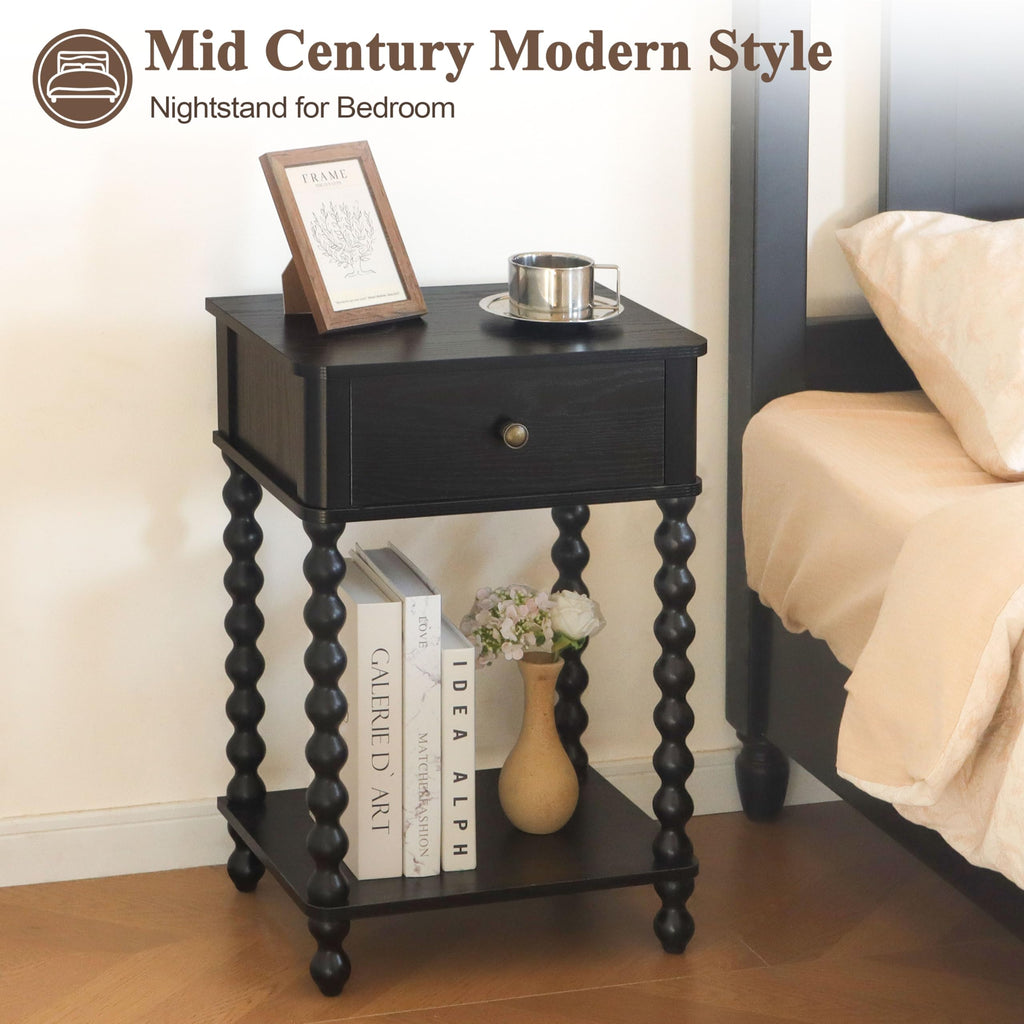 Black Nightstand, Bedroom Side Table with Drawer, Small Bedside End Table with Spindle Wood Legs, Black