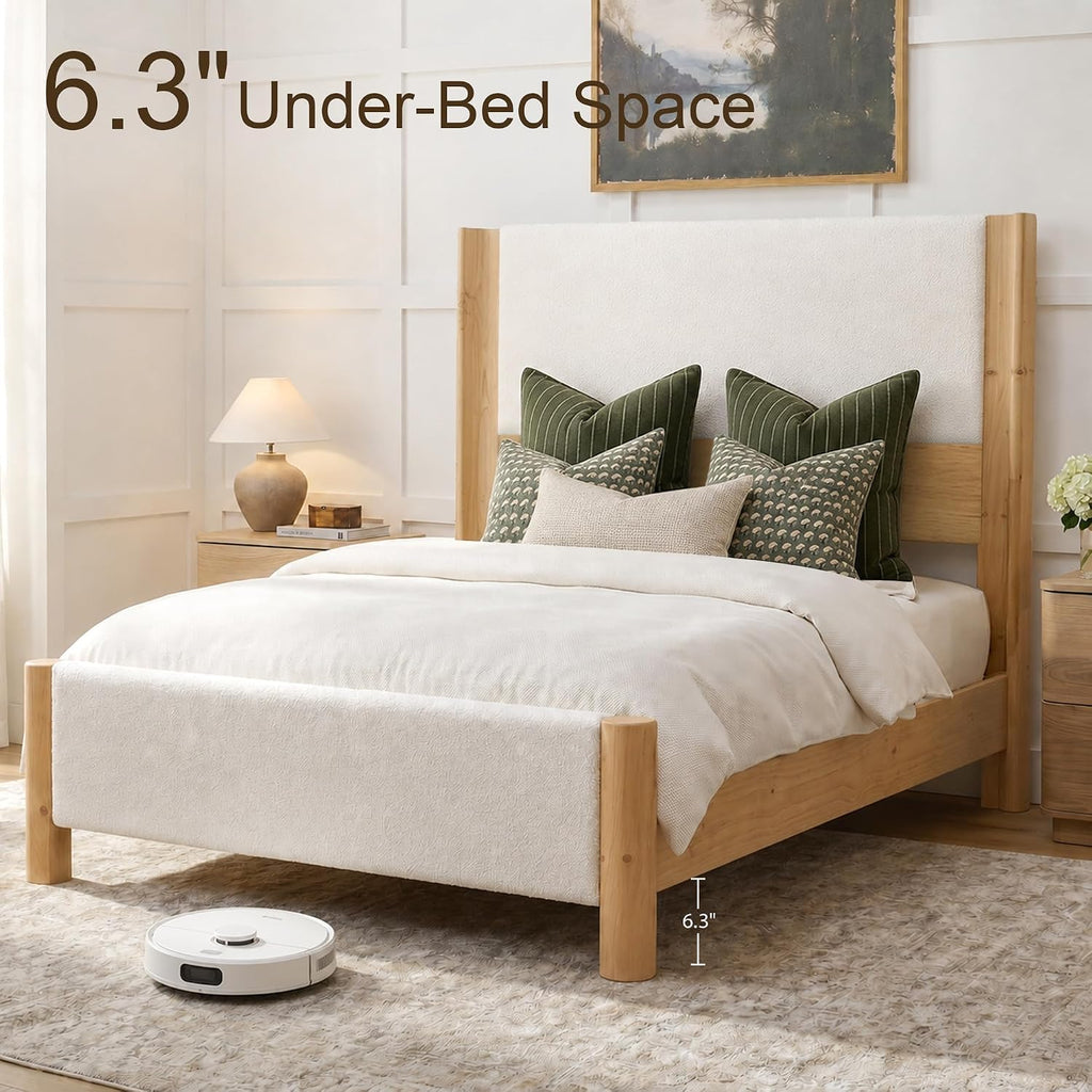 Queen Size Bed Frame with 51" Upholstered Headboard, Solid Wood Wingback