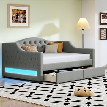 Twin XL Upholstered Daybed with LED Lights, Twin XL Corner Daybed Frame with Drawers, Linen, Light Gray