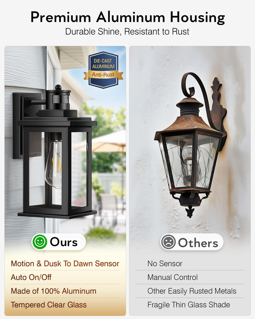 Motion Sensor Outdoor Light, 2 Packs Exterior Lights, Black Waterproof Dusk to Dawn Outside Porch Lights Lantern for