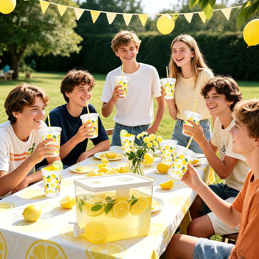 2.3 Gallon Lemonade Dispenser Plastic Drink Dispenser with Spigot 12 OZ Disposable Paper Cup with Lid - Set of 2