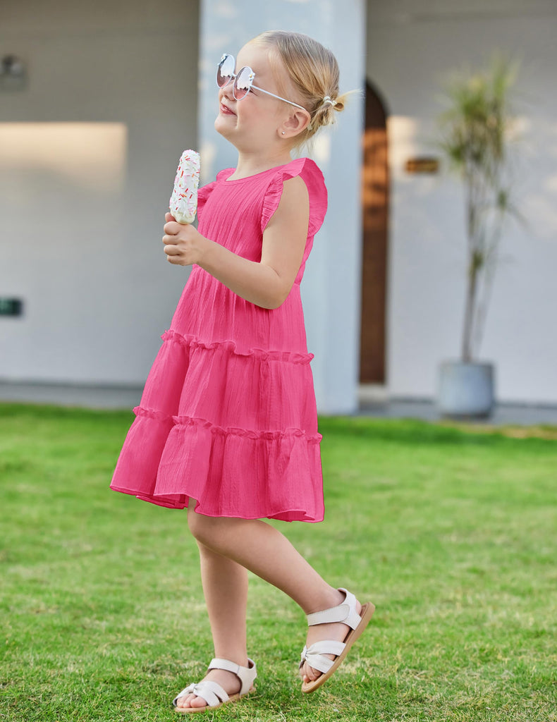 Toddler Hot Pink Dress for Girls Ruffle Sleeveless Tiered Swing Twirly Dresses Cute Summer Beach Sundress