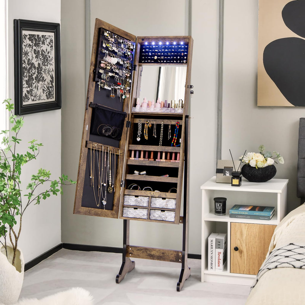 Jewelry Cabinet Freestanding, Lockable Jewelry Armoire Organizer with Full-length Frameless Mirror, Drawers, Inner