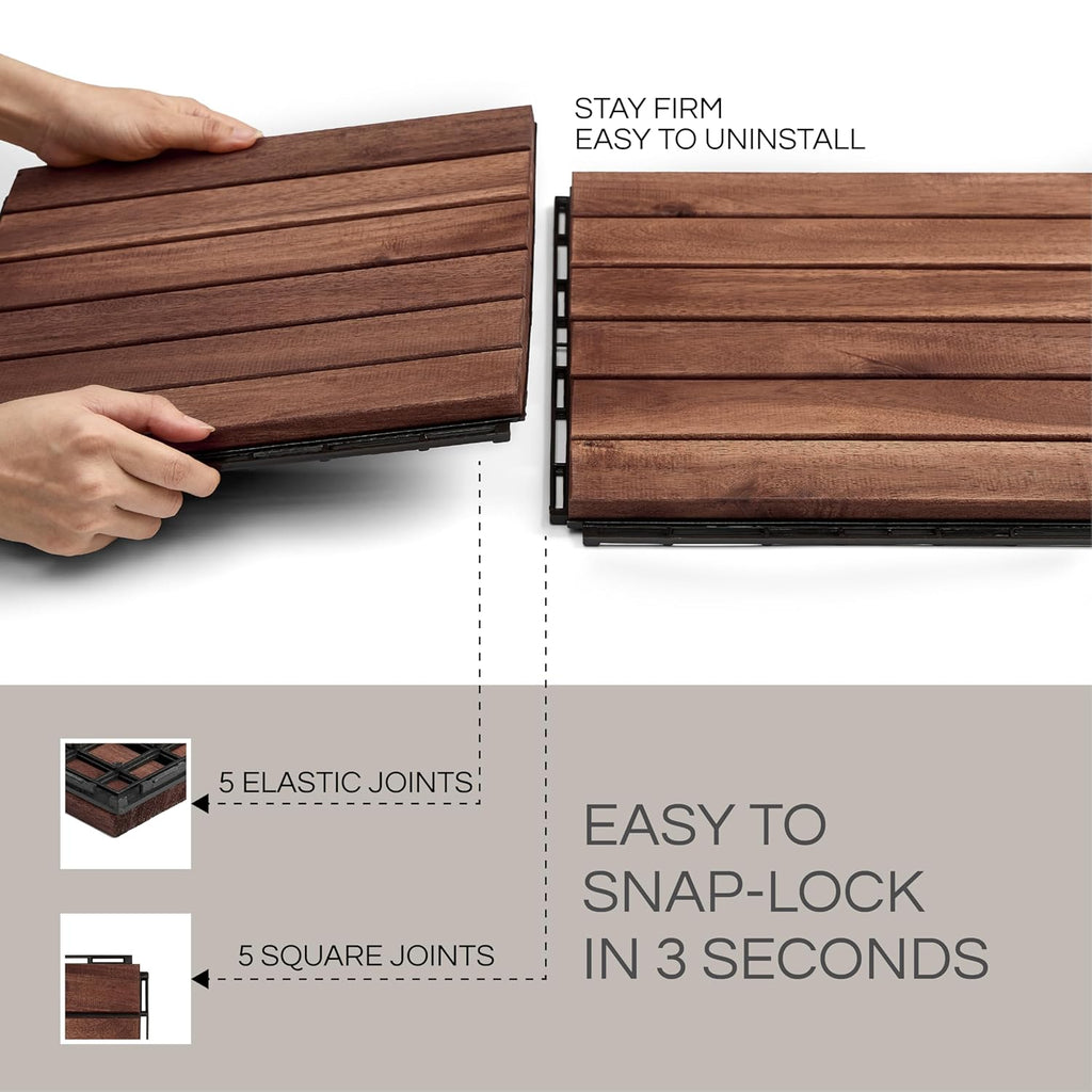 Premium Deck Tiles, Patio Flooring - Set 10 Pcs 12”x12”x0.9” Interlocking Deck Tiles, Waterproof Acacia Wood for