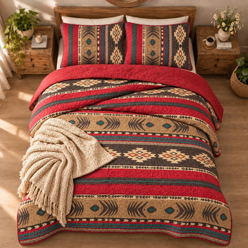 Western Southwestern Native American Tribal Navajo Design Oversize Quilted Bedspread in Brown Green and Burgundy