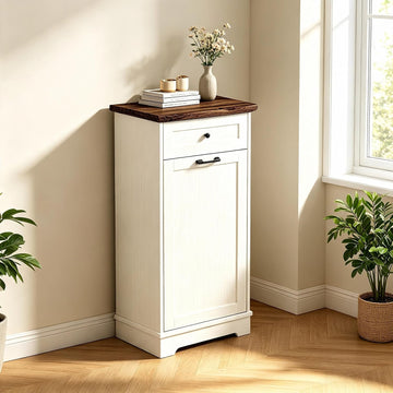 13 Gallon Tilt Out Trash Cabinet Freestanding Wood Garbage Recycling Station with Storage Drawer, Pet Proof Trash Can