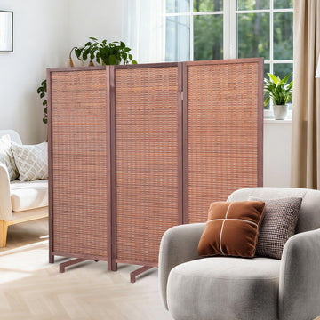 Bamboo Room Divider 3 Panel 47" H, 360°Rotating Feet Privacy Screen, Brown