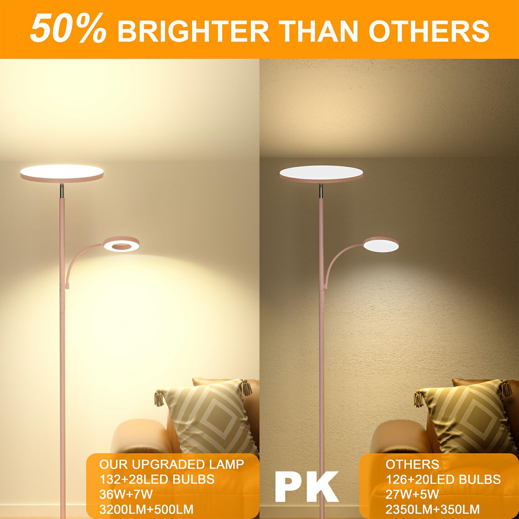 Pink Floor Lamp, 42W Super Bright LED Room Lamp with Adjustable Reading Light, Dimmable Modern Standing Lamp