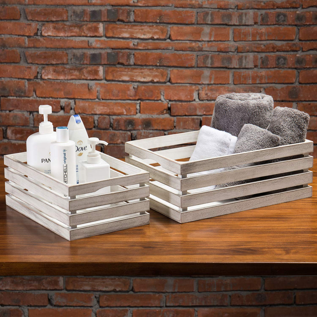 16 and 14 Inch Shabby White Washed Solid Wood Nesting Decorative Storage Crates, Vintage Farmhouse Wooden Stackable