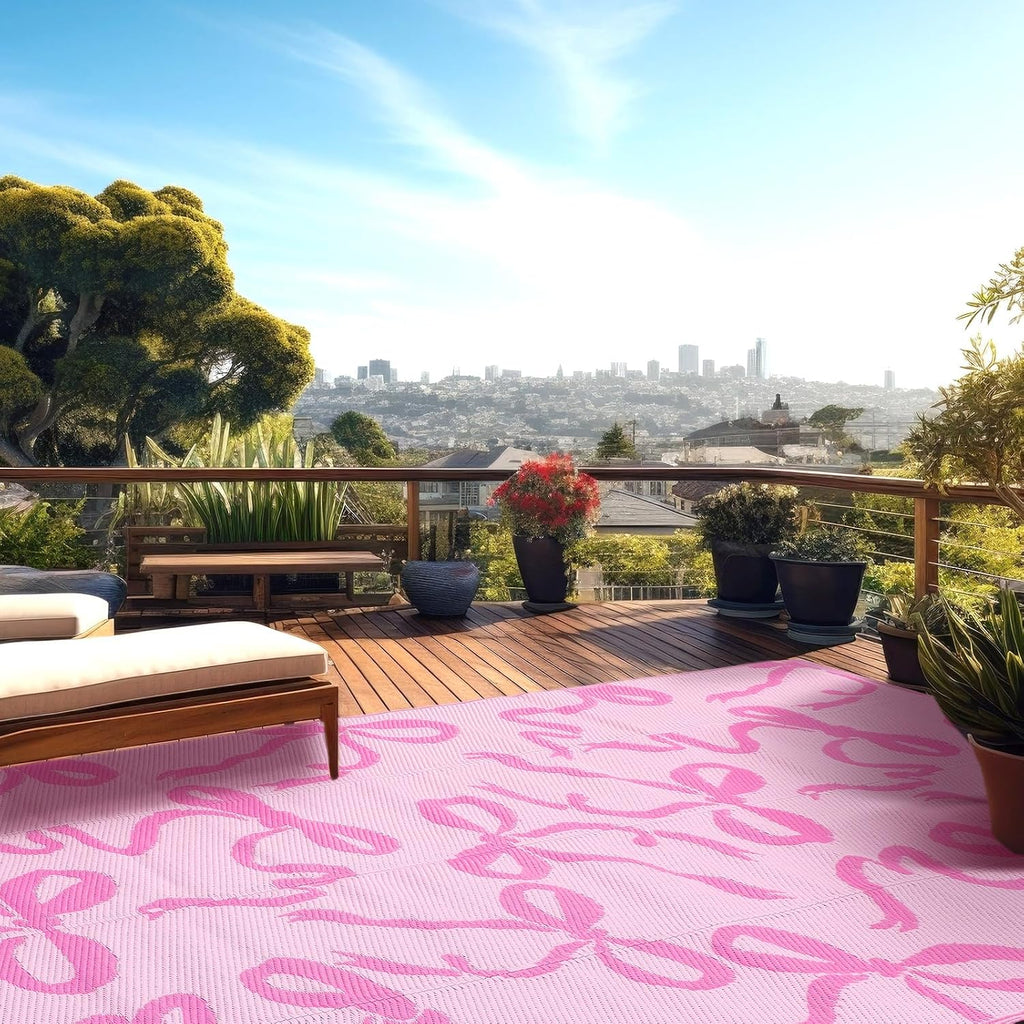 Pink Bow Outdoor Rug 5 x 8 ft Waterproof Plastic Straw Rugs