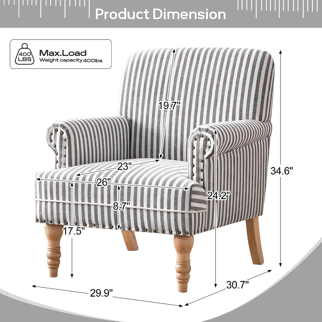Linen Fabric Accent Chair, Mid-Century Modern Upholstered Armchair with Solid Wood Legs, Comfy Reading Club Chair
