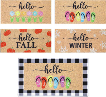 5 Pcs Seasonal Front Door Mat Set Interchangeable Welcome Doormats with Black and White Checkered 22 x 10 Inches Non