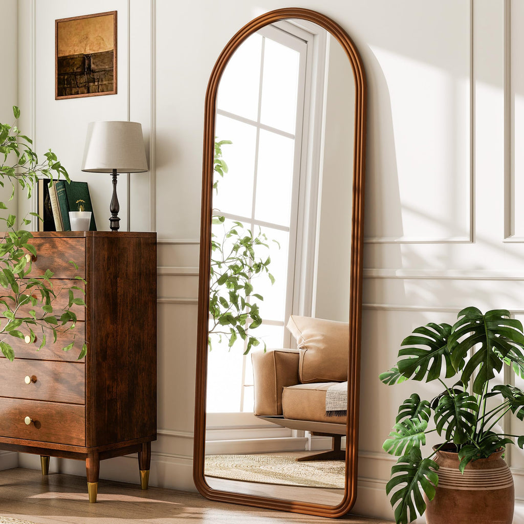 24x65 Inch Wood Arched Full Length Floor Mirror, Red Walnut
